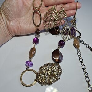 Gold Tone Autumn Colors Chunky Necklace & Leaf Earrings 42" Purple Brown Beads